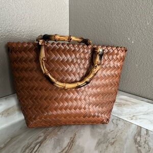 Brown Woven Tote Bag with Bamboo Handles